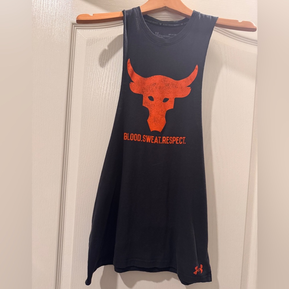 Under Armour Project Rock Black Sleeveless Top with Bold Orange Design